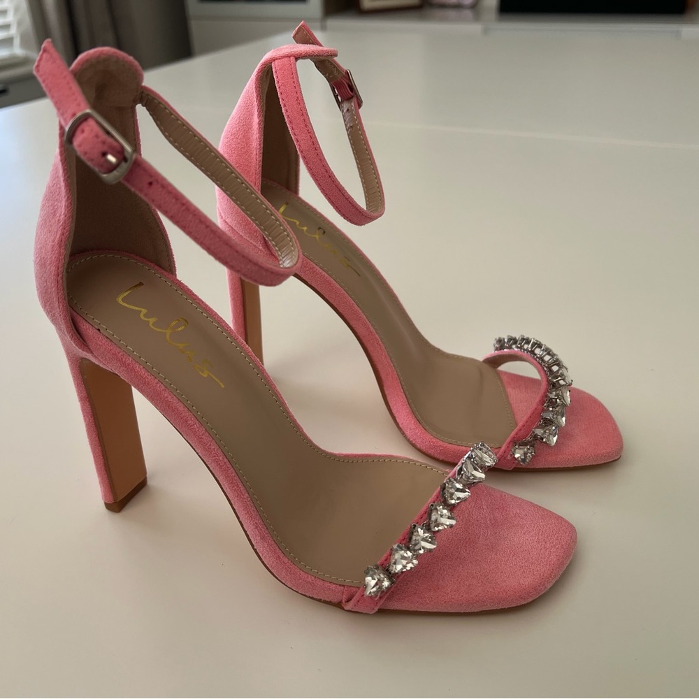 Lulus Pink Suede High-heels with Rhinestones - Picture 5 of 9